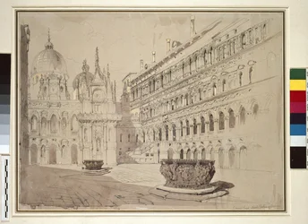 O Tribunal do Palácio Ducal, Veneza, maio de 1841 (grafite, aquarela, bodycolour e caneta e tinta em papel cinza claro)